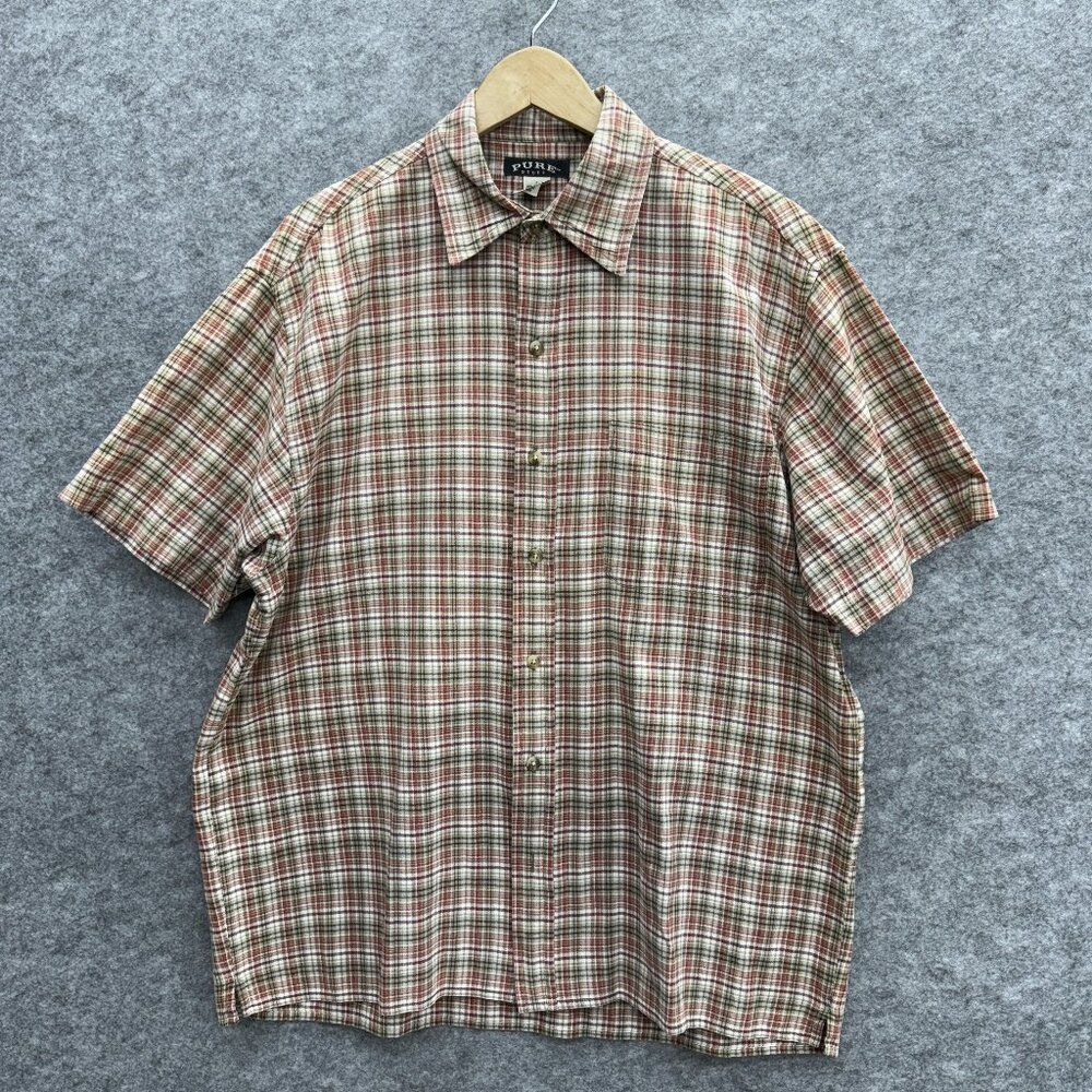 PURE Stuff Men's Button-Up Shirt Short Sleeve Casual 100% Cotton, Brown, Size L